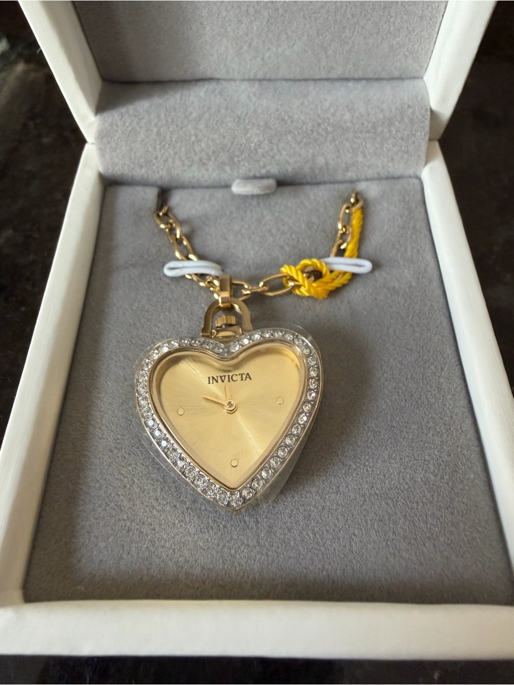 Invicta Gold Heart Pendant Watch Necklace with Crystal Halo
